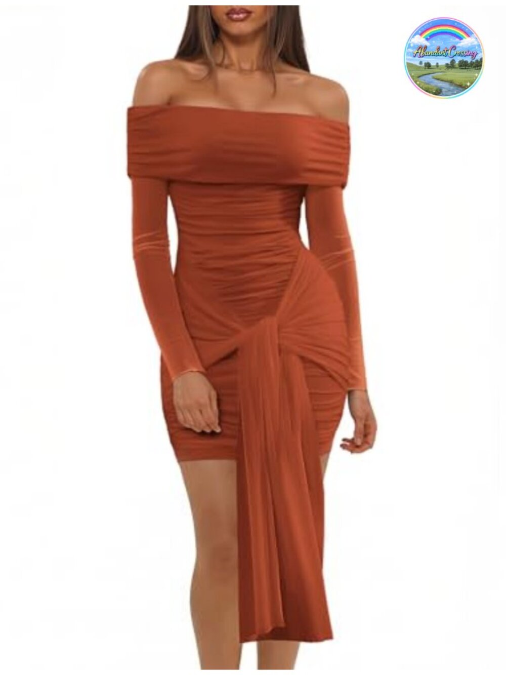 Off Shoulder Ruched Bodycon Dress Long Sleeve Cocktail Midi Open Back Tie Waist